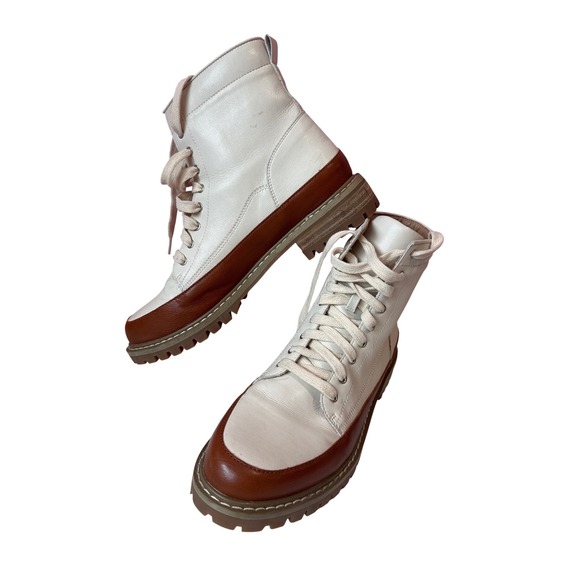 Womens White and Cognac Brown Two Tone Lace Up Lug Sole Combat Boots Size 8 - Picture 5 of 10